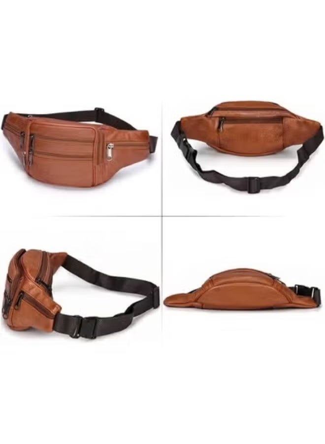 Men's genuine leather waist bag with multiple pockets - practical waist bag with strong metal zippers - stylish and lightweight design - ideal for keeping your mobile phone, wallet and keys safe while going out, traveling and daily errands (Havana) - Image 2